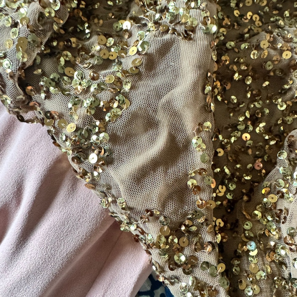 Mac Duggal Gold Sequined Long Sleeve V-Neck Gown - Picture 8 of 10